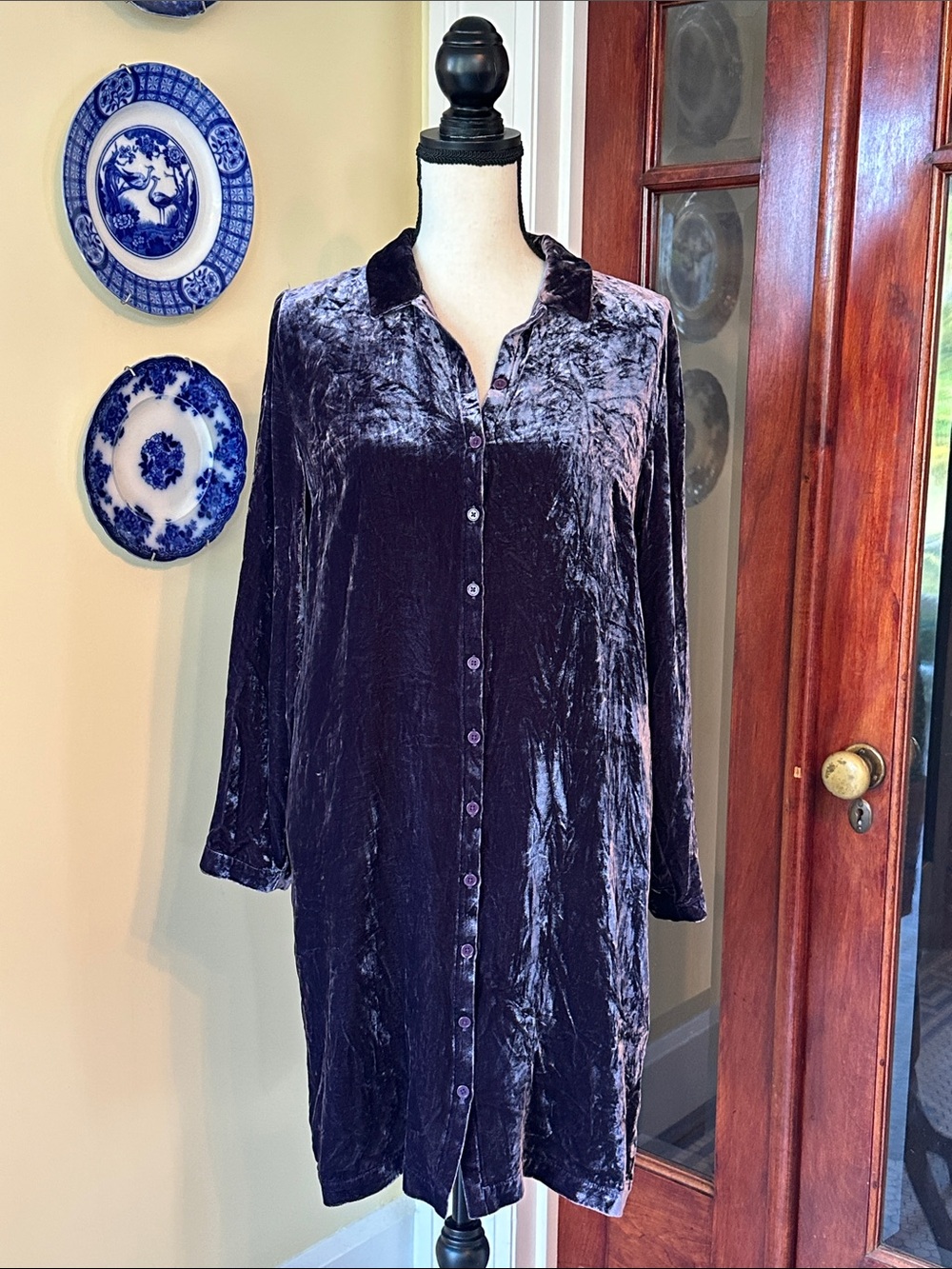 Garnet Hill | Estelle Crushed Velvet Shirtdress, Silk Blend, Plum, Size S